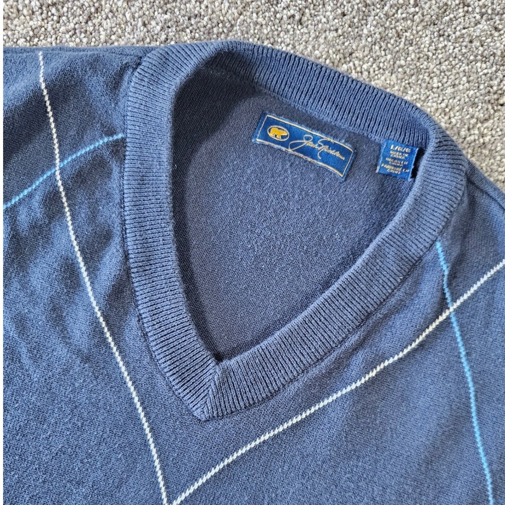 Jack Nicklaus Sweater Vest Mens L Blue Argyle V-Neck Cotton GoldenBear logo golf